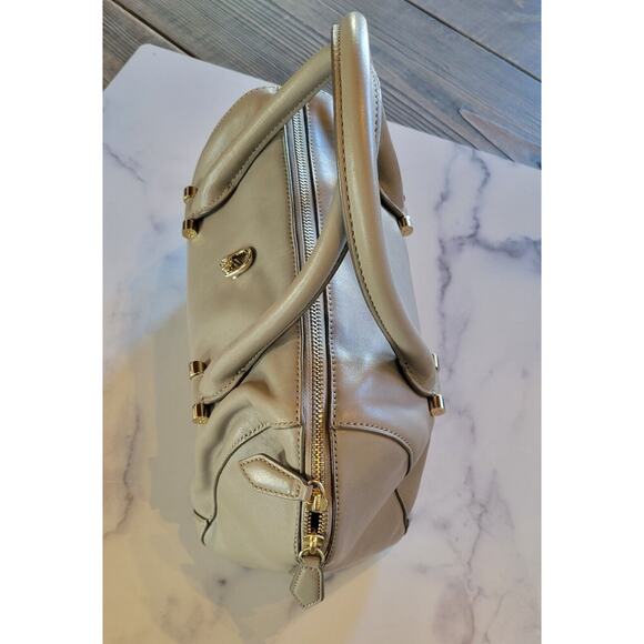 Tory Burch Handbag Light Gray Leather Gold Hardware Logo Shoulder Satchel Purse - Picture 2 of 11